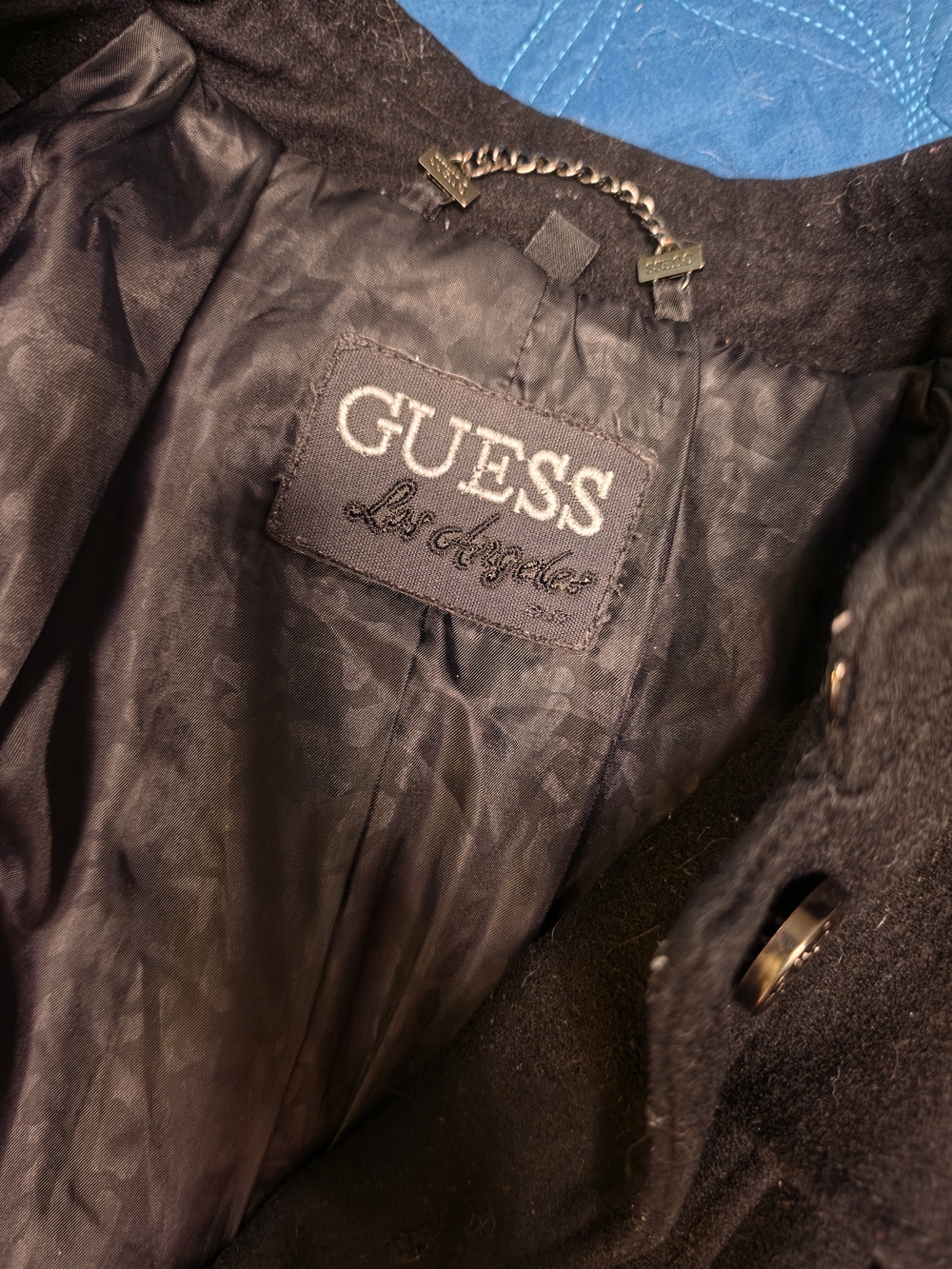 GUESS Black Coat with Branded Chain Hanger